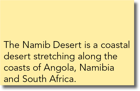 The Namib Desert is a coastal desert stretching along the coasts of Angola, Namibia and South Africa 