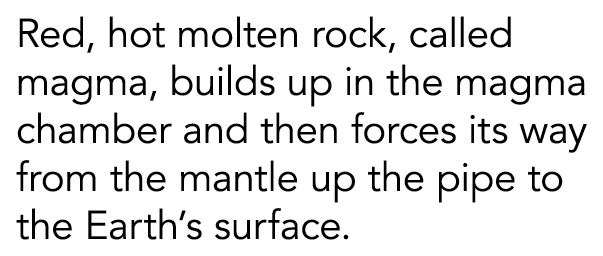 Red  hot molten rock  called magma  builds up in the magma chamber and then forces its way from the mantle up the pip   