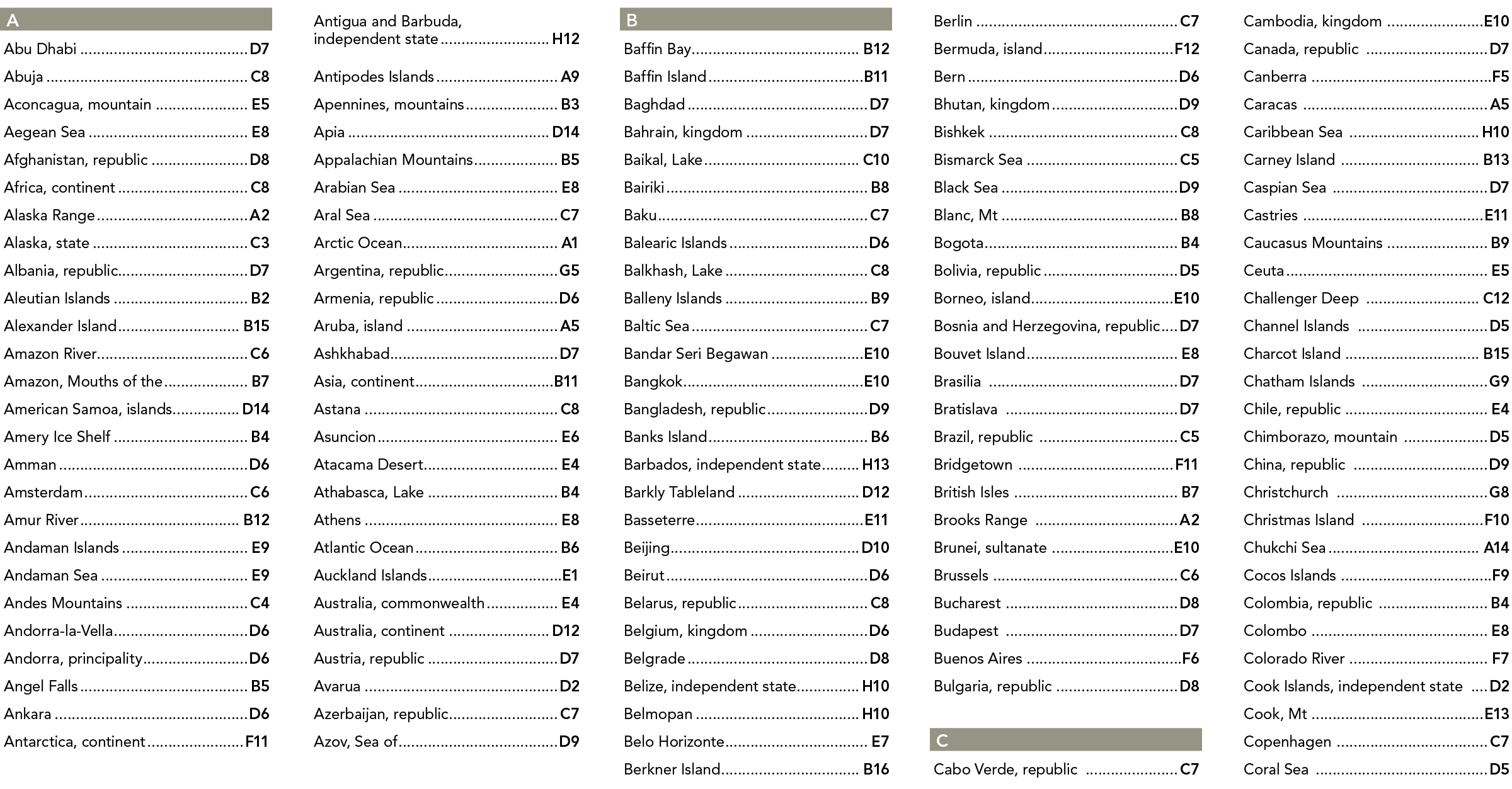 A  Abu Dhabi D7 Abuja C8 Aconcagua  mountain E5 Aegean Sea E8 Afghanistan  republic D8 Africa  continent C8 Alaska Ra   