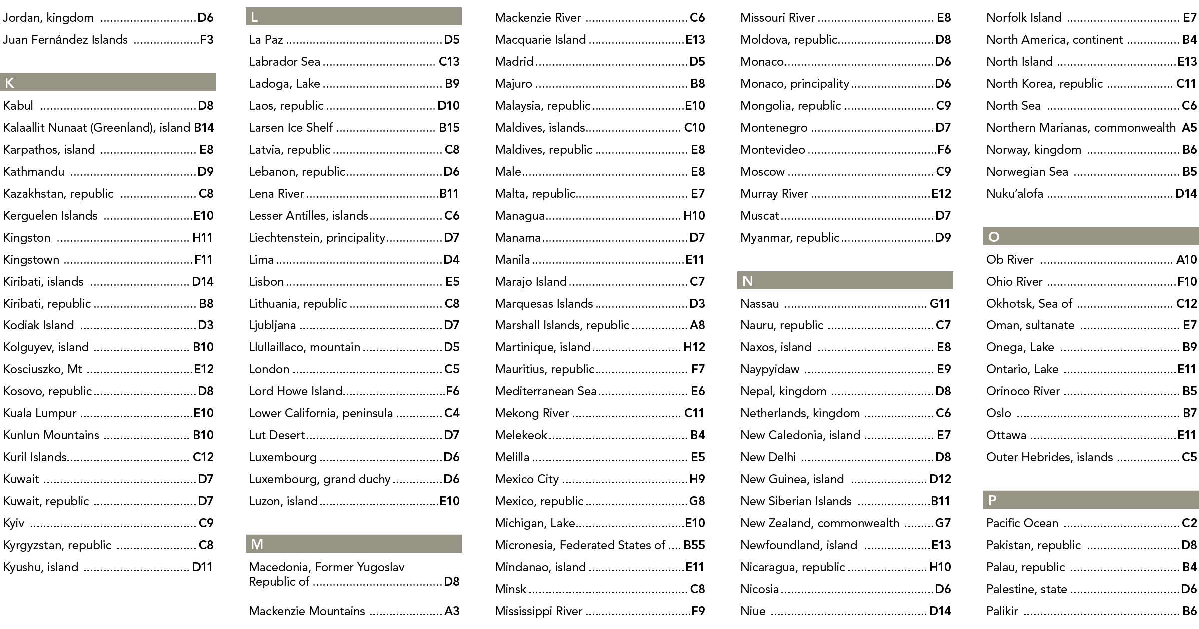 Jordan  kingdom  D6 Juan Fern ndez Islands  F3 K Kabul  D8 Kalaallit Nunaat  Greenland   island  B14 Karpathos  islan   