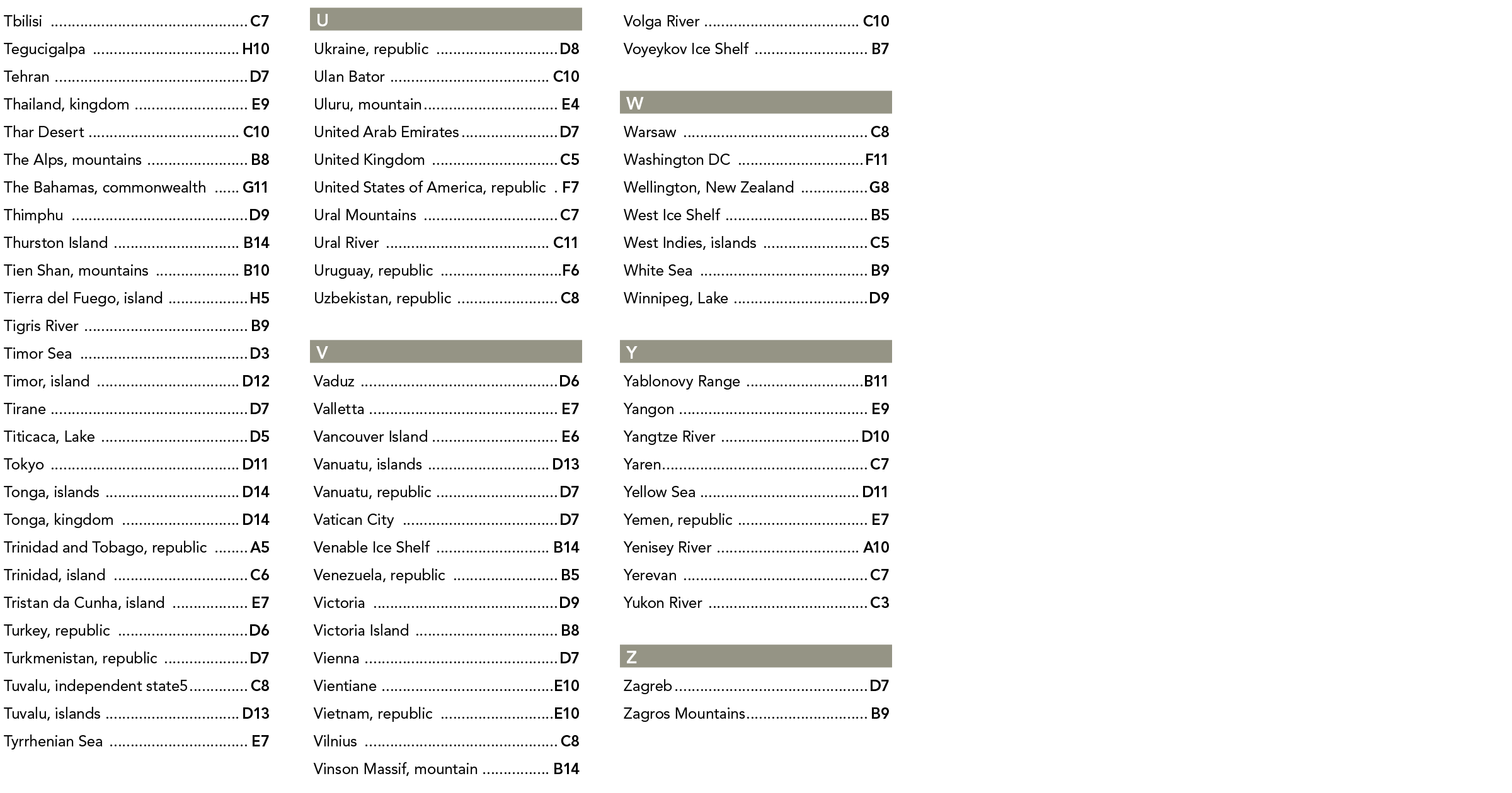 Tbilisi  C7 Tegucigalpa  H10 Tehran  D7 Thailand  kingdom  E9 Thar Desert  C10 The Alps  mountains  B8 The Bahamas  c   