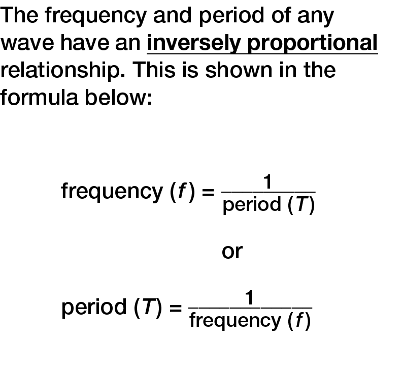The frequency and period of any wave have an inversely proportional relationship. This is shown in the formula below:...