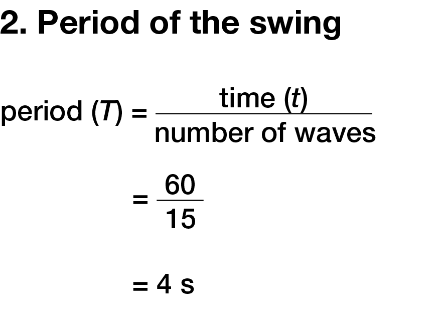 2. Period of the swing  period (T) =    time (t)    number of waves = 60  15 = 4 s