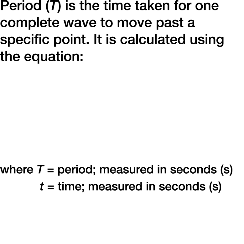 Period (T) is the time taken for one complete wave to move past a specific point. It is calculated using the equation...