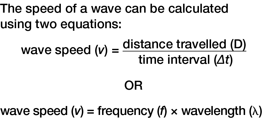 The speed of a wave can be calculated using two equations: wave speed (v) = distance travelled (D) time interval (∆t)...