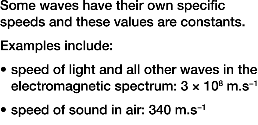 Some waves have their own specific speeds and these values are constants. Examples include: speed of light and all ot...