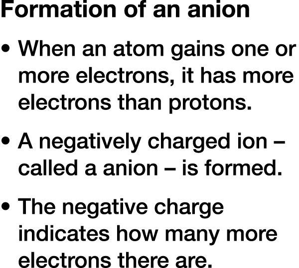 Formation of an anion When an atom gains one or more electrons, it has more electrons than protons. A negatively char...